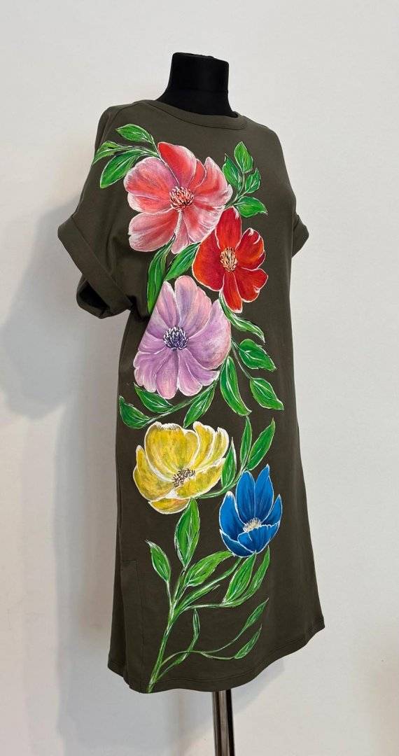 Rochie kaki Flori multicolore