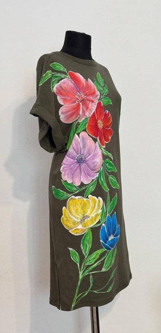 Rochie kaki Flori multicolore